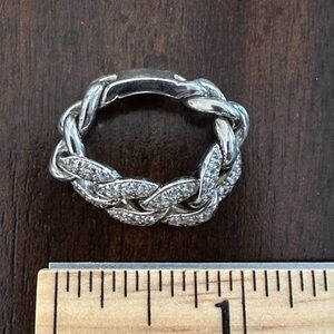 Cuban Link Ring With Crystals in Sterling Silver. Size 8.